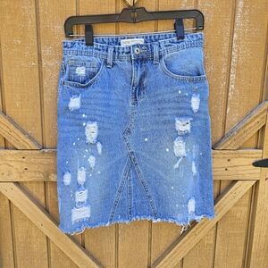 Timing Blue Distressed Denim Pencil Skirt